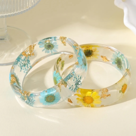 Botanical Resin Bangle Bracelet Blue Yellow Teal Red - Picture 11 of 16